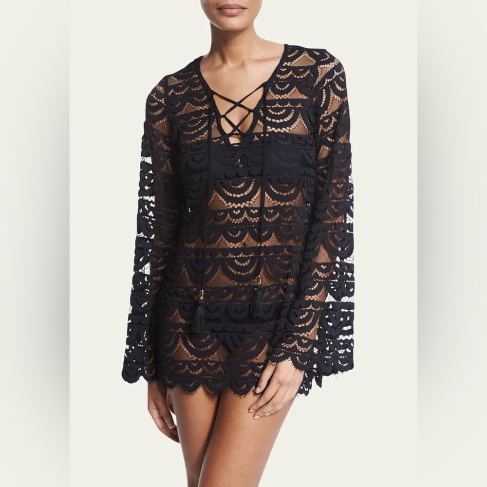 PQ Swim Noah Crocheted Tunic Coverup, Black/Gold